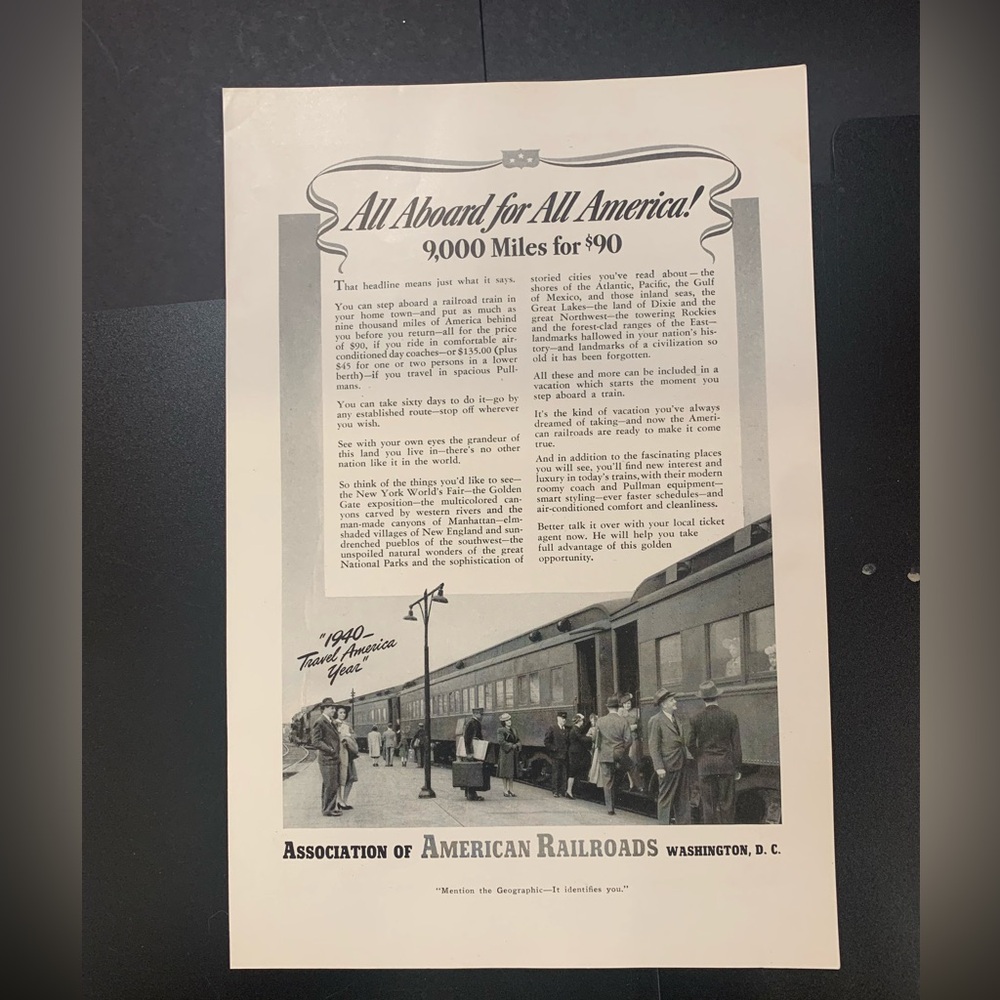 Vintage 1940 Association of American Railroads All Aboard Ad Advertisement